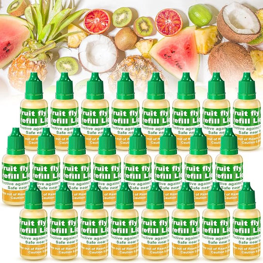 Qualirey 24 Pack Fruit Fly Trap Refill Liquid, 0.68oz Per Bottle Liquid Fruit Fly Traps for Indoors, Non Toxic Bait Safe Near Pets, Food and Kids, Lure Refill for Home Kitchen