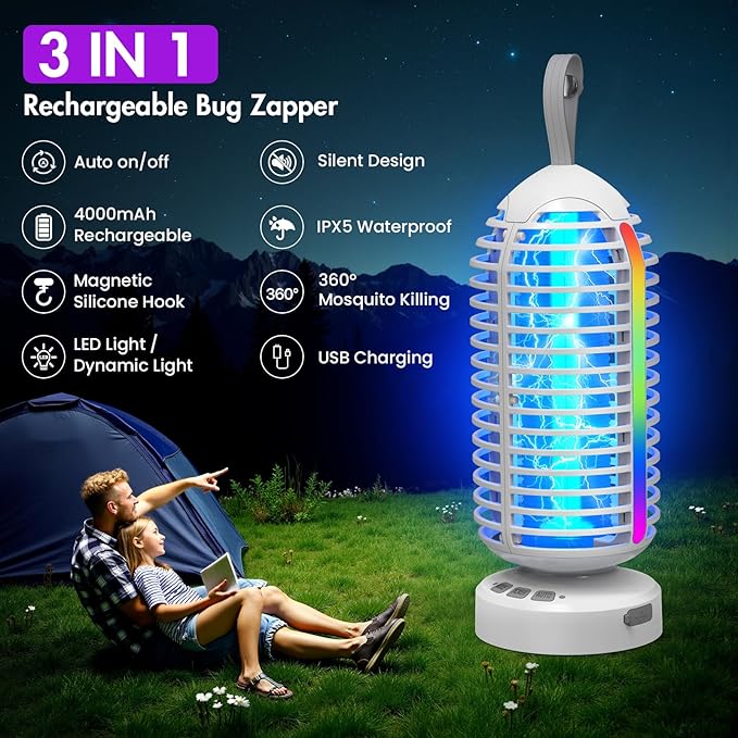 Bug Zapper Outdoor with Colorful Lighting and Auto-Sensing, 3 in 1 Cordless 4000mAh Battery Electric Fly Trap, Rechargeable Mosquito Zapper for Camping, Patios, Garden, Kitchen (1Pack-White)
