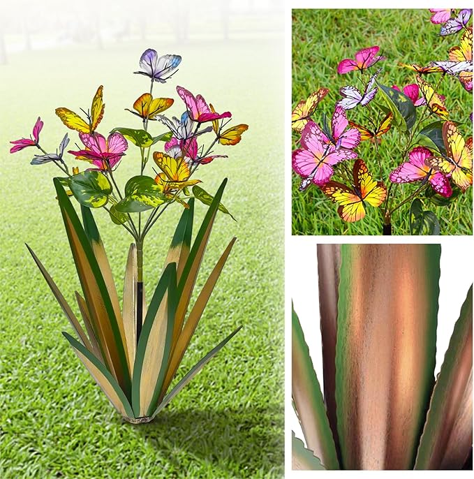 TOMBABY Garden Outdoor Butterfly Enlarge Thickened Wind Resistant Metal Agave Garden Art Metal Plant Country Sculpture Statue Decorations Ornaments Artificial Waterproof Butterflies(Light Green 2pcs)