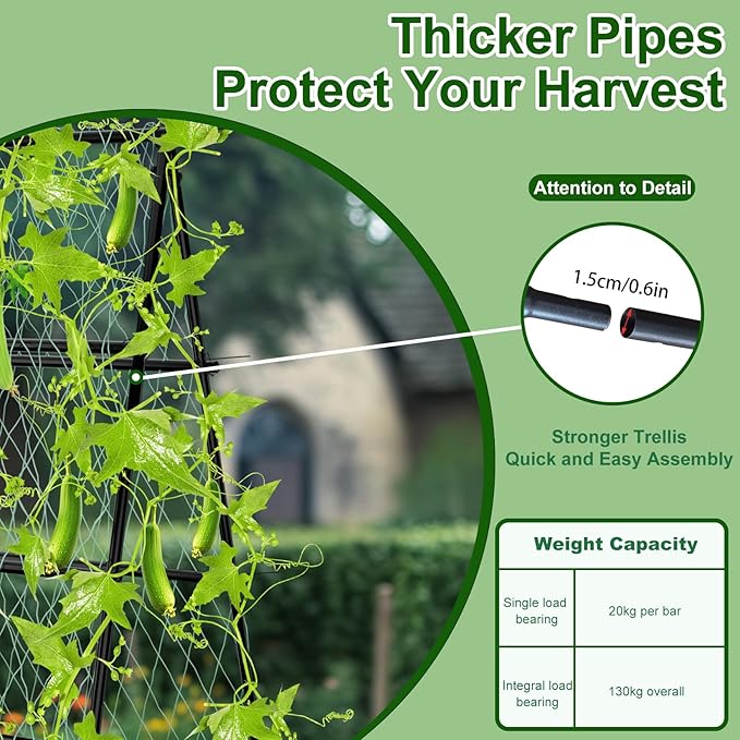 unho Garden Trellis for Climbing Plants with Tough Nylon Netting, 6ft Tall Sturdy Rustproof Metal Plant Support Tower for Vegetable Fruit Vine Cucumber Garden Lightweight，Outdoor