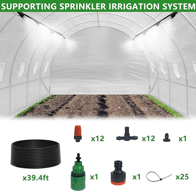 13x8.2x6.5 Ft Walk-in Greenhouse Tunnel, Heavy-Duty Portable Greenhouse with Watering System, Roll-up Zipper Door and Window, PE Cover, White