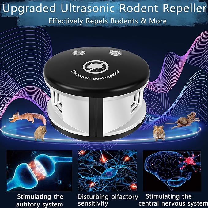 Mouse Repellent Ultrasonic Pest Repeller Plug in Indoor,360° Ultrasonic Rodent Repellent,3 Mode Switch with Pressure Wave, Squirrel Repellent Mice Deterrent for House Garage Warehouse RV, Black