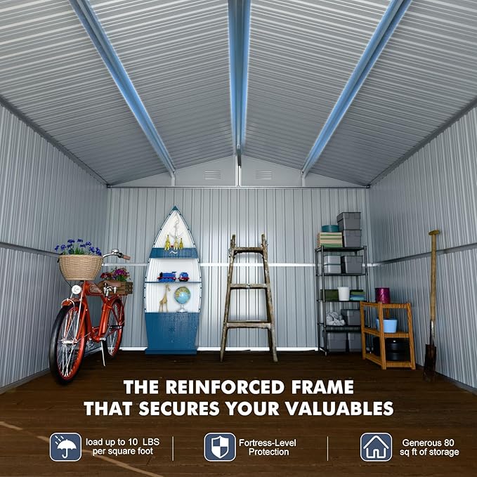 Metal Shed 8x10 FT - Steel Tool Storage with Sliding Door & Vents - Outdoor Bike Sheds for Garden, Backyard, Patio - Utility Storage Solution