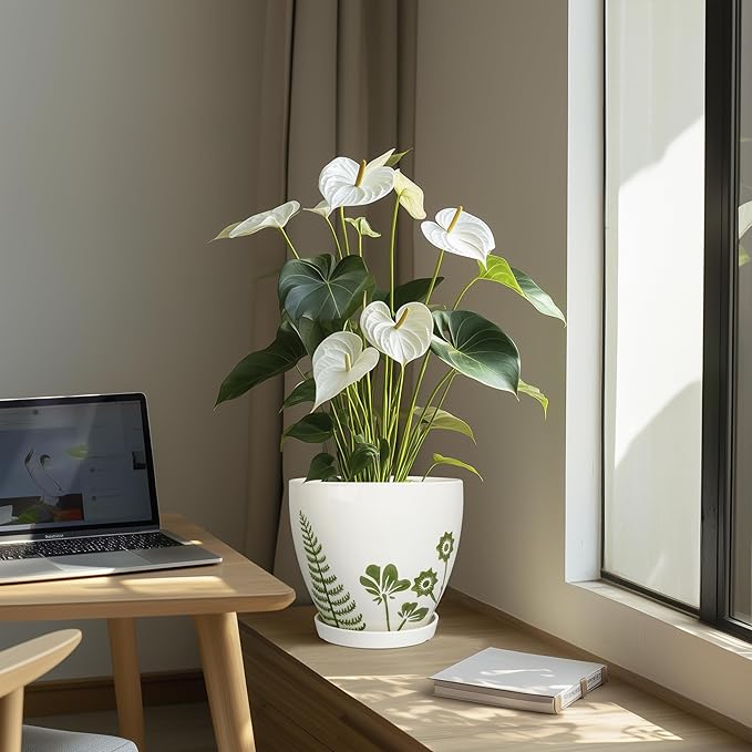 8.2 Inch Plant Pot - Ceramic Planter for Indoor Outdoor Flowers, Boho Round Decorative Indoor Flower Pot with Drainage Hole and Saucer, Gifts for Plant Lovers, Office Garden House Decor, White
