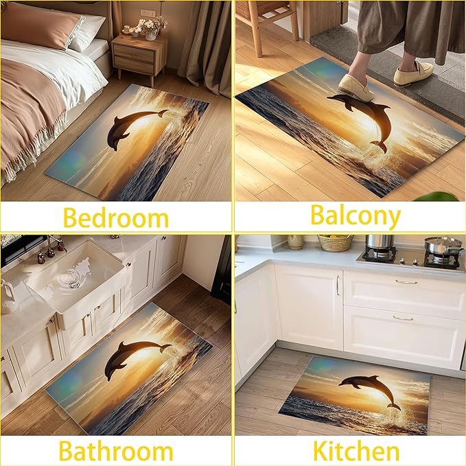 Welcome Mat Indoor,Jumping Dolphin Front Door Mat,Sea Sunset Entryway Rug for Porch Patio Non-Slip Outdoor Entry Doormat for Back Door Outside Entrance Hallways,30 x 17 Inch