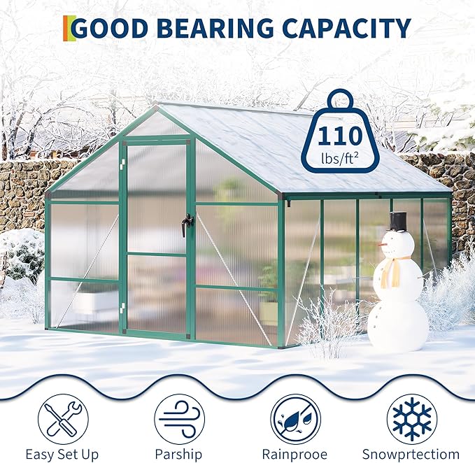 8 x 10 FT Greenhouse, Greenhouses for Outside, Polycarbonate Greenhouse with Aluminum Frame, Lockable Door and Ajustable Roof Vent for Backyard, Green Houses for Outside Garden Backyard, Patio