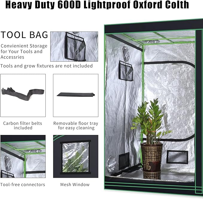 48''x24''x60'' Grow Tent Hydroponic Higher Density 600D Mylar Reflective Indoor Plant Greenhouse Growing with Observation Window and Removable Floor Tray for Flora Vegetables Flower