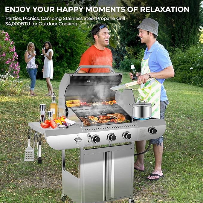 R.W.FLAME 3-Burner Propane Gas Grill With Sider Burner,304 Stainless Steel Propane Grill 34,000BTU,Multifunction & Protable Outdoor Barbecue Grill with Casters for Camping & Parties