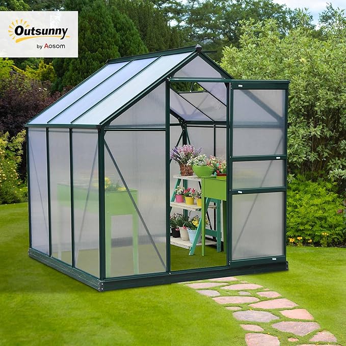 Outsunny 6' x 6' Greenhouse for Outdoors, Polycarbonate Greenhouse with Rain Gutter and Roof Vent, Aluminum Walk-in Green Houses for Outside for Patio Backyard Garden, Dark Green