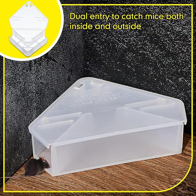 Qualirey 12 Pcs Mice Station with Key Triangle Bait Station Reusable Rodent Trap Bait Box, Keeps Children and Pets Safe Indoor & Outdoor, Bait Not Included, Suitable for Small Mice (Translucent)