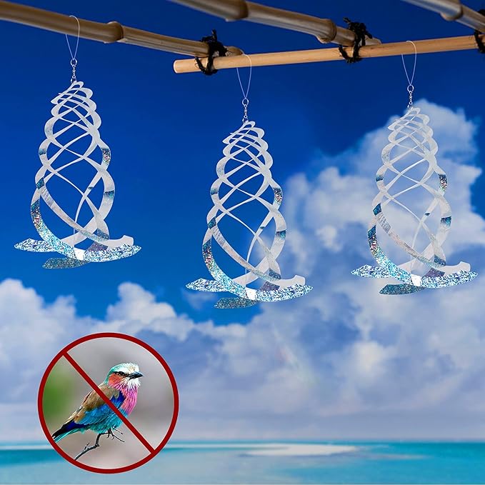 Hausse 6 Pack Bird Repellent Spiral Reflectors Silver Mylar Spinner, Hanging Reflective Bird Deterrent Device, Garden Decorative Scare Birds Away, Like Woodpeckers, Pigeons and Geese