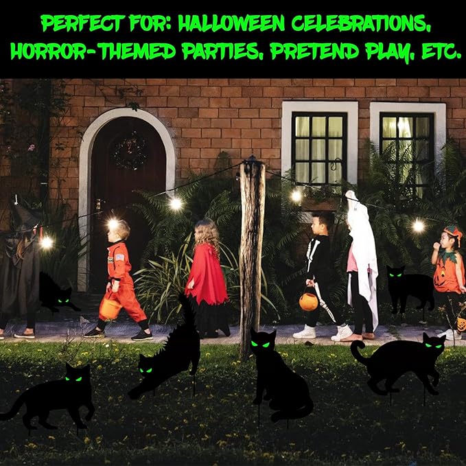 6 PCS Halloween Black Cat Yard Signs with Glow in Dark Eyes, Scary Silhouette Lawn Sign with Stakes, Halloween Decorations for Outdoor Yard Lawn Garden