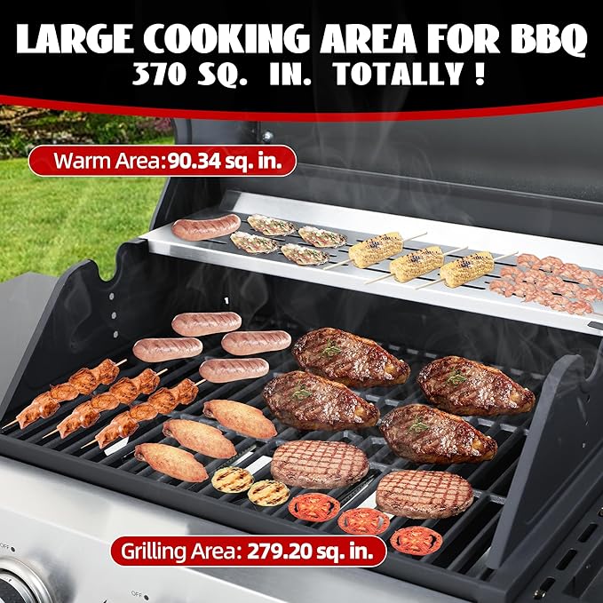 3-Burner Propane Gas Grill with Side Burner, 37,000 BTU Outdoor BBQ Grill with Porcelain-Enameled Cast Iron Grates, Thermometer, Double Layer Lid Stainless Steel Grill for Outdoor Cooking, Patio BBQ
