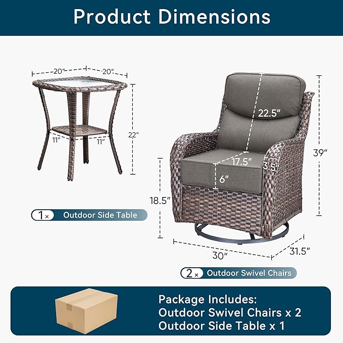 Luxury High Back Outdoor Swivel Rocker Patio Chairs with Side Table & 6-Inch Thick Cushions, 3 Pieces Patio Furniture Set for Porch, Balcony, Deck and Yard