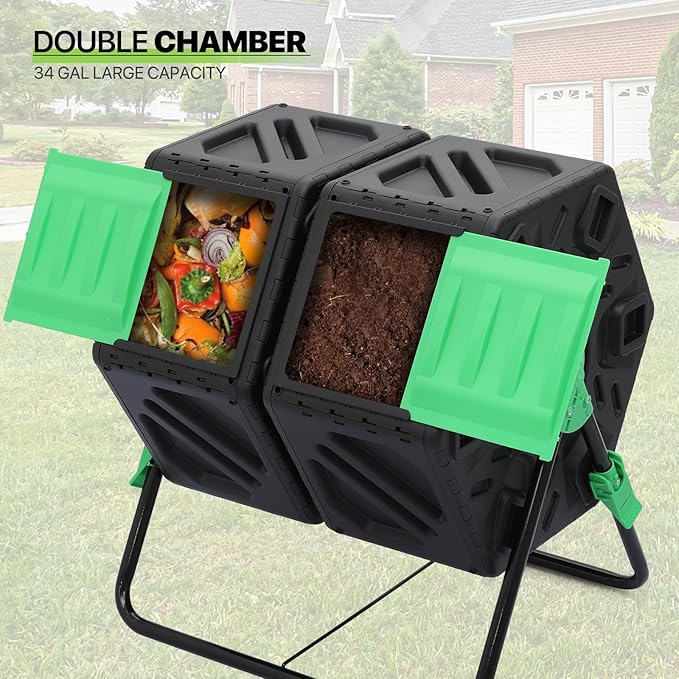 Magshion 34 Gal Dual Chamber Compost Tumbler from BPA Free Material, Outdoor All-Season Fast-Working High Volume Composter Tumbling Bin, Sliding Doors