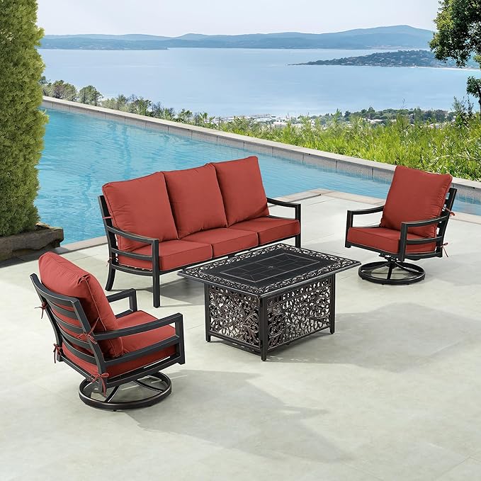 Oakland Living Black Aluminum Patio Fire Table Set with Deep Seating Sofa with Cushions and Two Club Chairs with Red Cushions