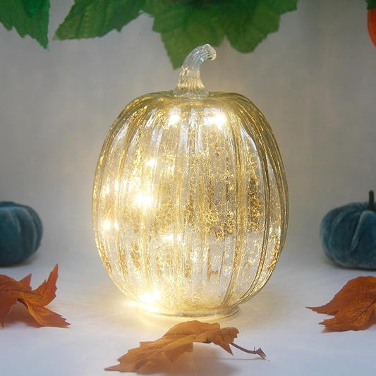 Mercury Glass Pumpkin Lights with Timer, Battery Operated Led Pumpkin Lights for Halloween Fall,Thanksgiving Rustic Decor (Silver Common, 8")