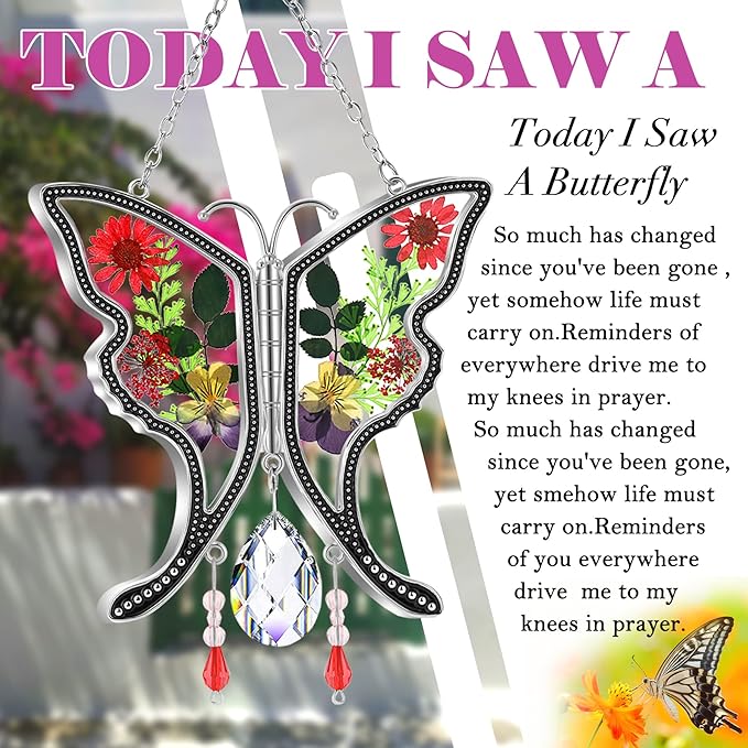 KY&BOSAM Gifts for Mom Crystal Butterfy Suncatcher Stained Glass Butterfly Suncatchers for Windows with Pressed Real Flowers Heart Charm Engraved with Crystal Mother`s Day Birthday