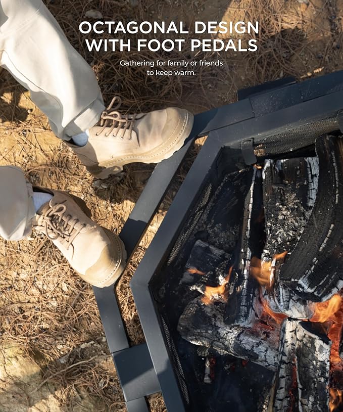 26 inch Fire Pit, Outdoor Fire Pit with Fire Poker, Octagonal Firepits for Outside Fire Pits & Outdoor Fireplaces Heavy Duty Steel Wood Burning Firepit for Bonfire, Camping, Backyard, Patio, Picnic