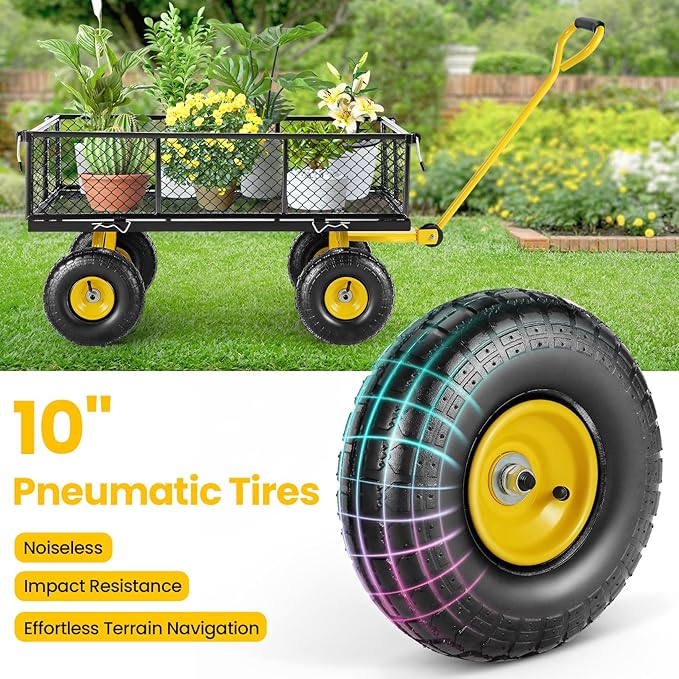 TEANDE Garden Cart, Heavy Duty 880 Lbs Capacity Mesh Steel Garden Cart with Removable Sides to Convert into Flatbed, Utility Metal Wagon with 180° Rotating Handle and 10 in Tires