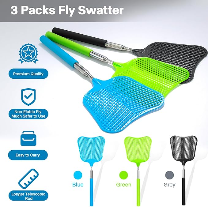 Telescopic Fly Swatter, Hiway 3 Pack Fly Swatter for Indoors Plastic Flyswatter Heavy Duty with Stainless Steel Telescopic Handle