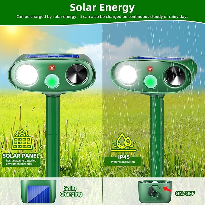 2025 2Pack Cat Repellent Outdoor Ultrasonic Animal Repellent Solar Animal Repeller with LED Flashlight&Motion Sensor Deer Repellent Device to Scare Fox Dog Squirrel Skunk Rabbit Raccoon