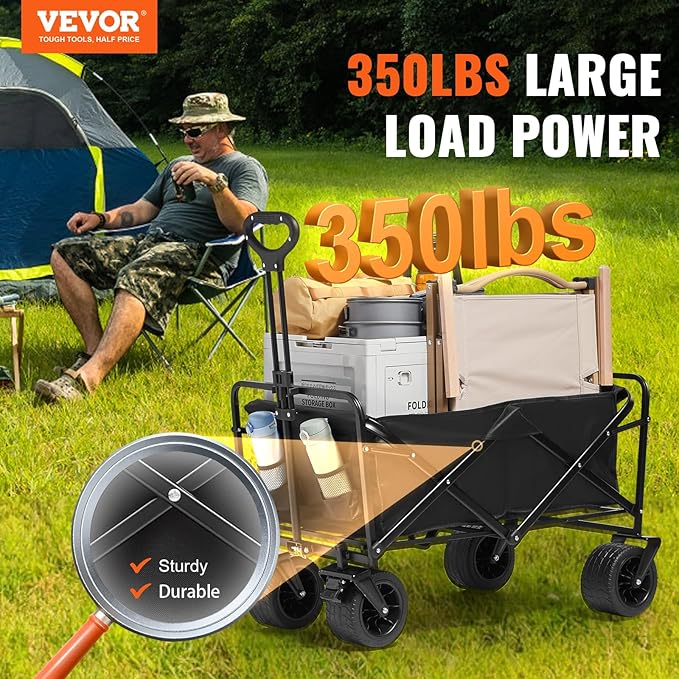 VEVOR 350lbs Collapsible Foldable Wagon Cart, Heavy Duty Foldable Utility Beach Wagon with Big Wheels, Portable Grocery Camping Cart with All Terrain Wheels and Drink Holder