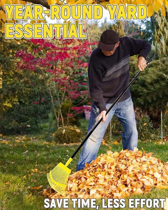 Garden Leaf Rake, 18” Wide Metal Rake with 25 Teeth, 62" Adjustable Long Handle, Heavy Duty Lawn Yard Tool for Leaves, Grass, Shrubs, Debris, Pine Needles, Garden Cleanup Tools for Backyard