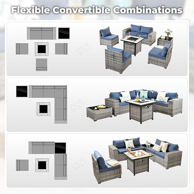 ovios 7 Pieces Patio Furniture Set, Outdoor Wicker Sectional Sofa with 30 Inch Fire Pit Table Comfy Cushions, Modern Modular Deep Seat Rattan Couch Conversation Set, Denim Blue