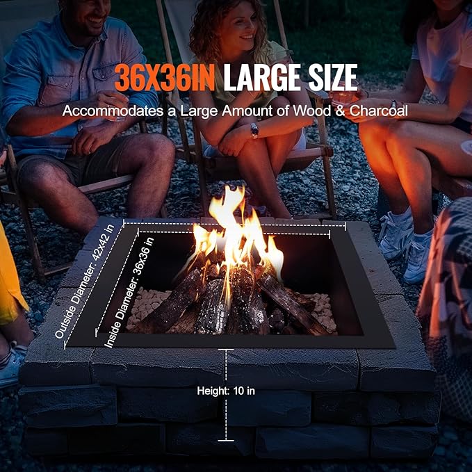 VEVOR Fire Pit Ring, 42x42 in Outer/36x36 in Inner Diameter, 10inch Height Square Fire Pit Insert, Heavy Duty Carbon Steel Liner DIY Campfire Ring Above or In-Ground, for Outdoor Camping, Bonfires