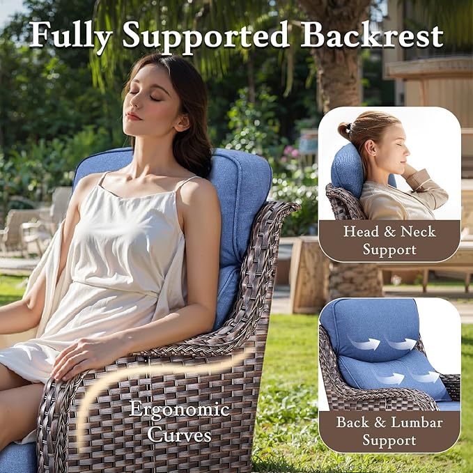 Luxury Outdoor Swivel Rocker Patio Chairs Set of 2, High Back Swivel Patio Chairs with 6-Inch Thick Cushions, Wicker Outdoor Glider for Porch, Yard, Deck, Poolside, Brown/Blue