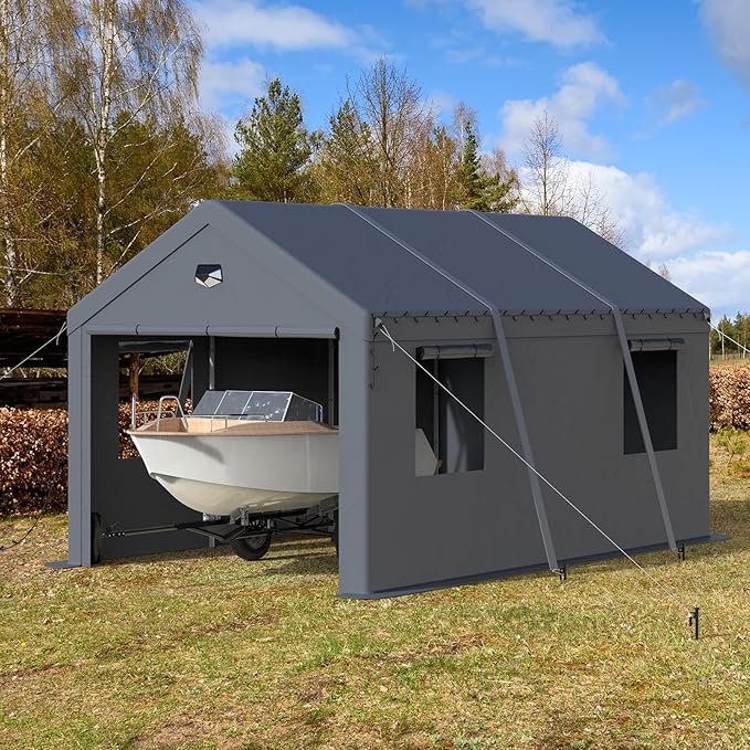 10x20 Carport, Heavy Duty Carport Canopy Garage with Removable Sidewalls and Drive Through Roll Up Zipper Doors, Grey