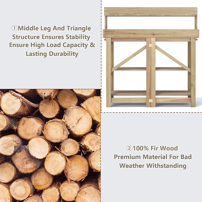 S AFSTAR Garden Potting Bench, Gardening Work Station Table with 2 Storage Shelves, Fir Wood Structure and Metal Tabletop, Gardening Table Potting Benches for Outside Backyard Balcony