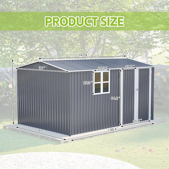 8x12 FT Large Metal Outdoor Storage Shed with Transparent Window, Outdoor Shed w/Floor Fram and Lockable Door, Tool Storage Cabinet for Backyard Garden Patio Lawn, Gray