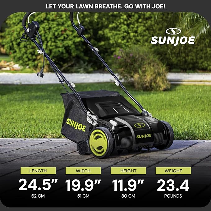 Sun Joe Electric Lawn Dethatcher & Scarifier with 13.2-Gal Bag, 13 Amp, 15 Inch, Black/Green - Heavy Duty Gardening Machine and Equipment for Lawn, Yard, and Grass, AJ805E