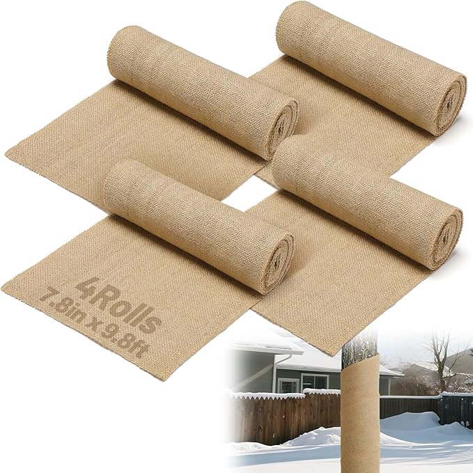 ANPHSIN 4 Rolls Natural Burlap Tree Wraps - 7.8in × 9.8ft Winter Burlap Rolls, Tree Trunk Guard Wrap, Plants Antifreeze Bandage to Protect Bark & Keep Plants Warm