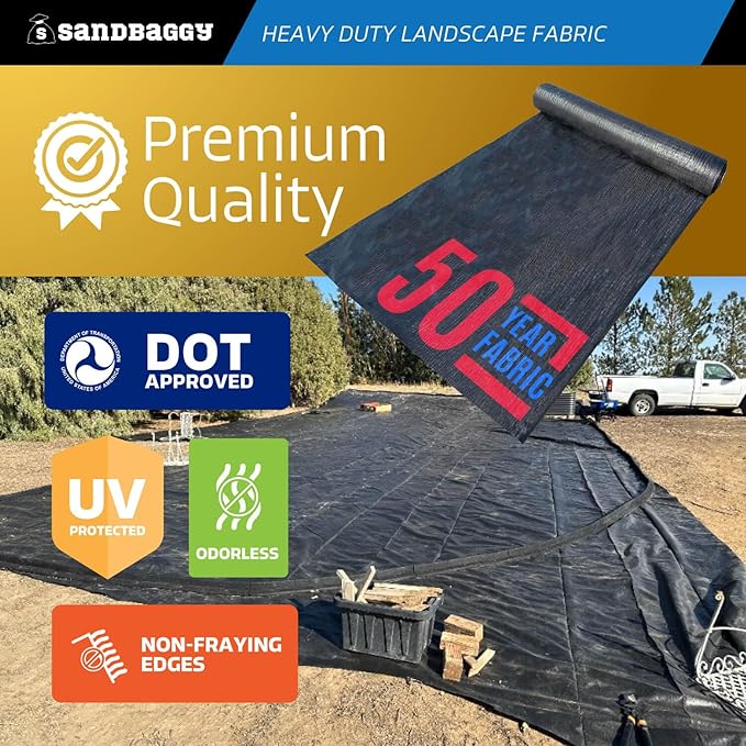 Sandbaggy 15 ft Heavy Duty Landscape Fabric | 50 Year Fabric | 6 oz Extra Thick Weed Barrier | Rock & Gravel Landscaping | UV Resistant | 365 Weed Free Guarantee (15 ft x 25 ft, 1, Count)