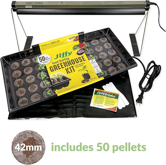 Ferry Morse Your Complete Indoor Seed Starting Kit Including Heat Mat, T5 Grow Light Fixture with 50 Cell 42mm Greenhouse