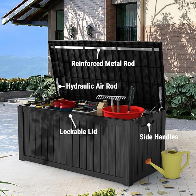 Mars Villa 119 Gallon Deck Box, Large Resin Outdoor Storage Box, Waterproof Storage Bin with Lockable Lid for Patio Furniture Cushions, Pool Supplies, Garden Tools, Weatherproof, Black