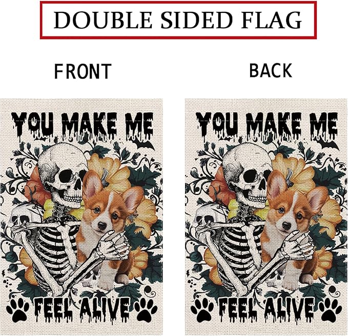 Halloween Garden Flag Skeleton and His Cogi Vertical Double Sided Flags for Holiday Farmhouse Patio Yard Outdoor Party Decor Decorations Gifts - 12.5 x 18 Inch