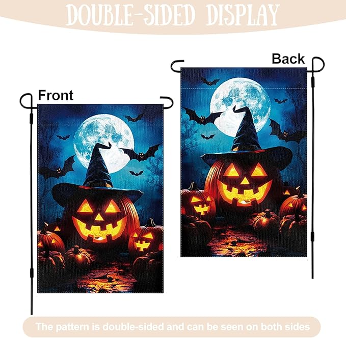 Halloween Garden Flag 12 x 18 Inch Double Sided Pumpkin Bat Moon Designs Welcome Fall Autumn Burlap Yard Flag for Outside Rustic Yard Outdoor Holiday Home Decoration