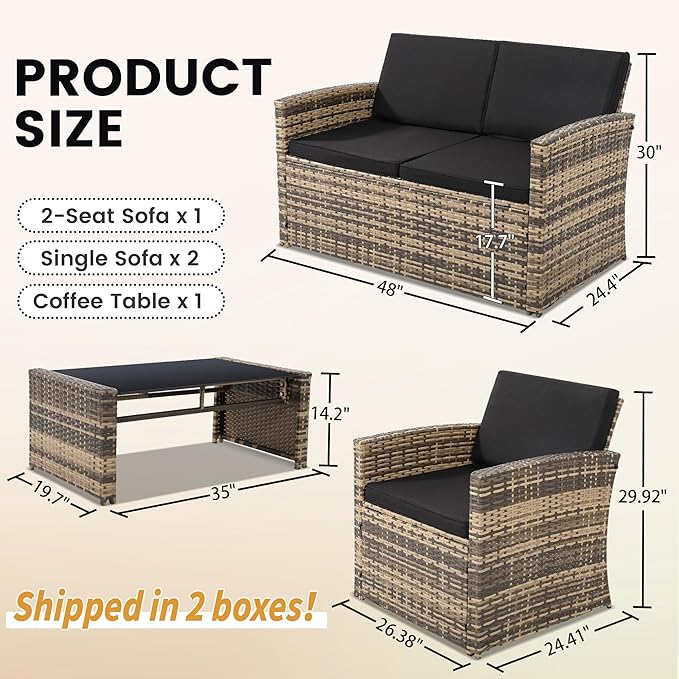 4 Pieces Patio Conversation Set, Outside Rattan Sectional Sofa, Cushioned Furniture Set, Wicker Sofa Ideal for Garden, Porch, Backyard, Natural Color Rattan and Black Cushion