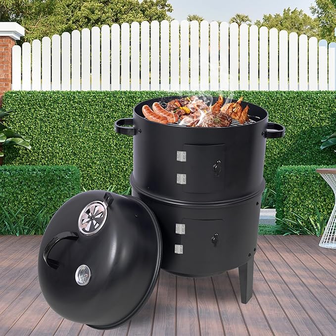 16 inch Vertical Charcoal Smoker, BBQ Grill, Fire Pit, 3-in-1 with Built-in Thermometer, Adjustable Air Vent, Idea for Parties, Backyard, Patio, Camping