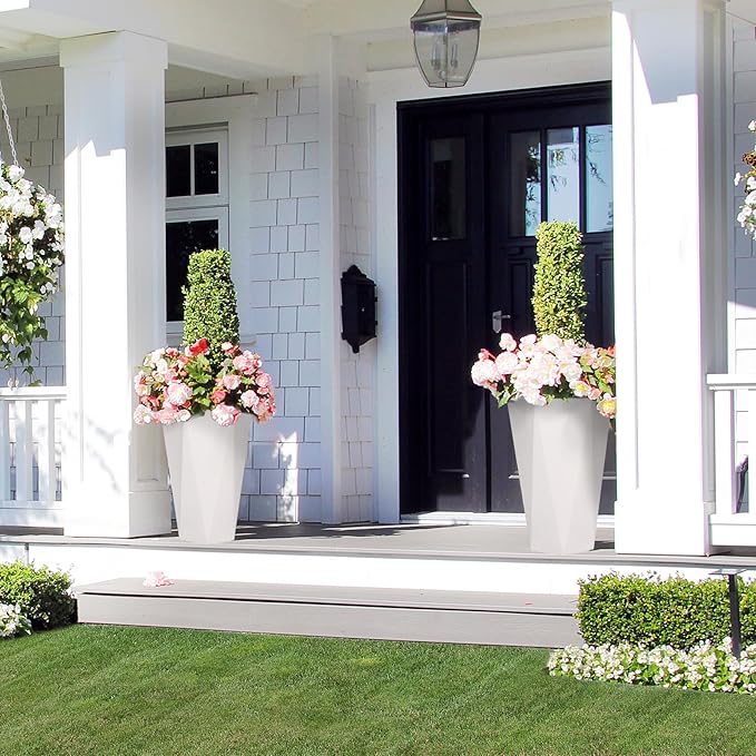 23 Inch Tall Outdoor Planters Set of 2, Self Watering Pots for Indoor Plants with Water Level Monitor & Drainage Hole & Wheels, Large Planter Pots for Garden, Patio, Balcony, White