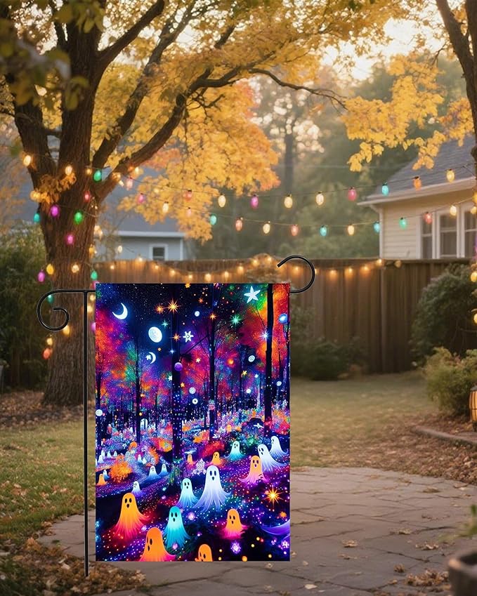 Fantasy Forest Colorful Ghosts Halloween Moon and Stars Garden Yard Flag 12"x 18" Double Sided Polyester Welcome House Flag Banners for Patio Lawn Outdoor Home Decor