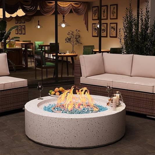 Outdoor Propane Fire Pit Table – Premium Terrazzo-Like MgO Finish, Round Gas Fire Table for Patio, Garden & Backyard, Includes Rain Cover & Glass Beads