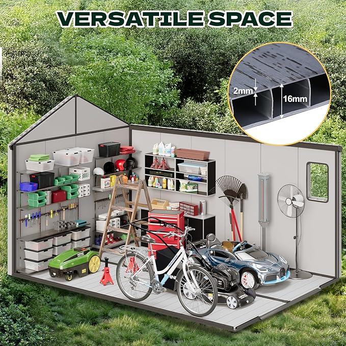 MELLCOM 8 x 12 FT Resin Outdoor Storage Shed with Floor, Outdoor Storage Tool Shed with Windows and Lockable Door, Resin Garden Shed for Lawnmower, Bike, Pool Supply