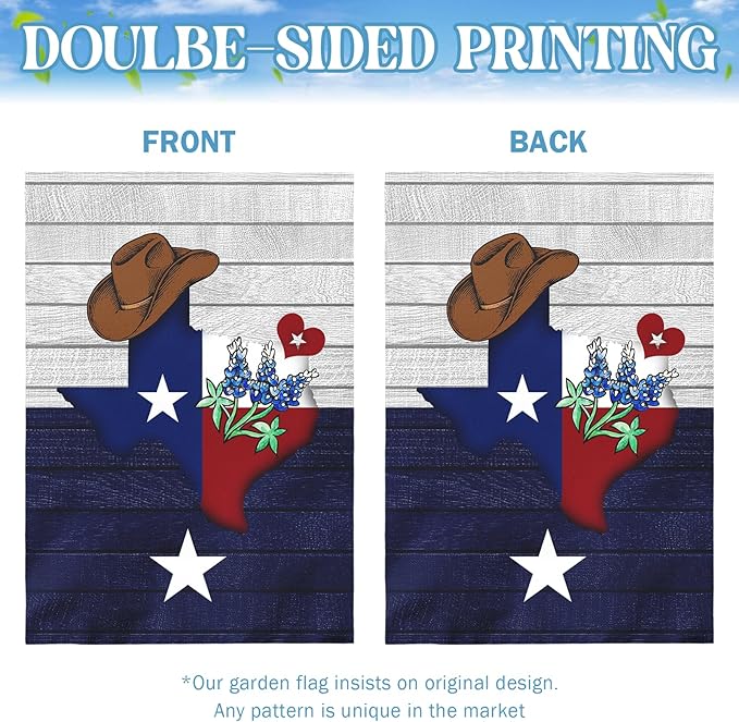 Texas Bluebonnet Garden Flag Cowboy Hat Texas State Yard Flag Americana Western House Banner Polyester Double Sided for Outdoor Wall Yard Patio Window Porch Welcome Banners Gift 28 x 40 Inch
