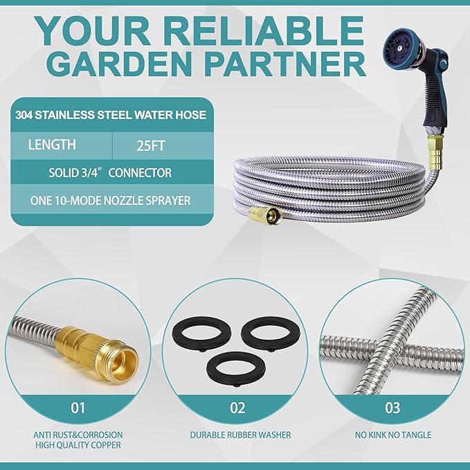 25FT Garden Hose, 304 Stainless Steel Water Hose, Flexible with a 10-Mode Nozzle Sprayer, No Kink, Lightweight, Puncture Proof, Ideal for Yard, Lawn, Outdoor, 5/8'' Outside Diameter