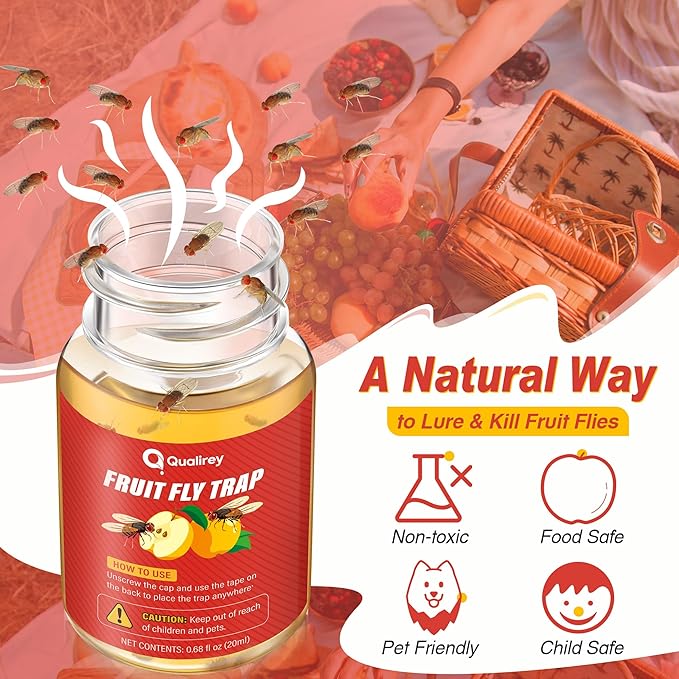 Qualirey 3 Pack Fruit Fly Traps for Indoors, Fruit Fly Killer and Catcher, Trap Refill Liquid for Home & Kitchen, Non Toxic Safe Near Food, Effective Lure Refill for Indoor Use